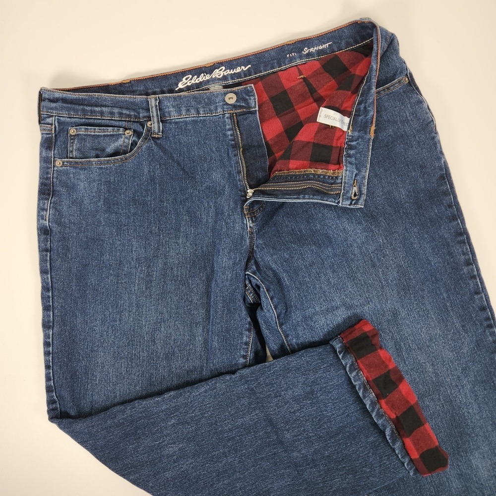Eddie Bauer Straight Fit Jeans Mens 40x32 Blue Dark Wash Flannel Lined Denim